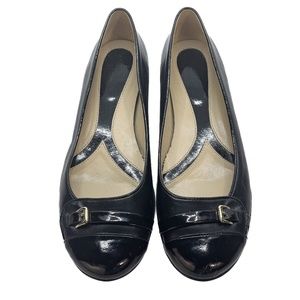 Black Round Toe Patent And Leather Shoe with Front Buckle